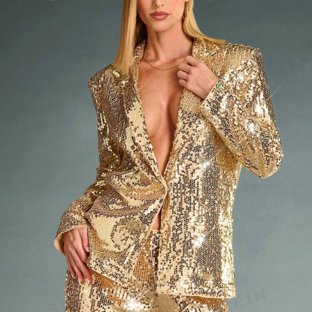 Women Gorgeous Elegant Dress Gold Sequin Attend A Party Metallic Holiday Blazer - Picture 3 of 4